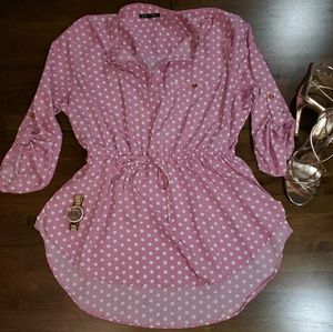 Cinched Pink Polka Dot Blouse. Size XL/1X